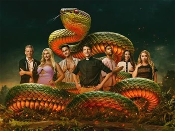 Official poster of the reality show The Snake, featuring the cast and a prominent snake.