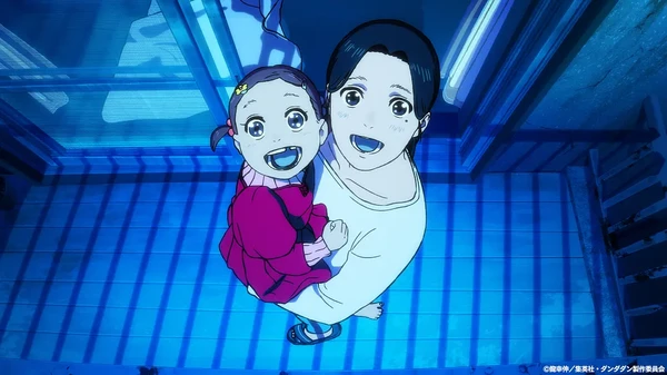 A woman holds a girl in blue lighting in "Dandadan".