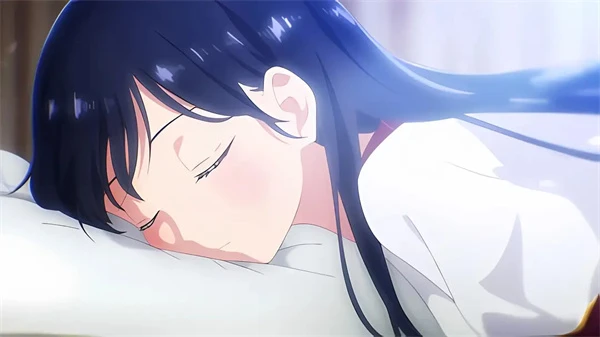 A girl with long dark hair sleeping in "The Dangers in My Heart".