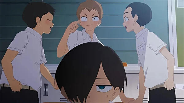 Boys in school uniforms upside down in "The Dangers in My Heart".